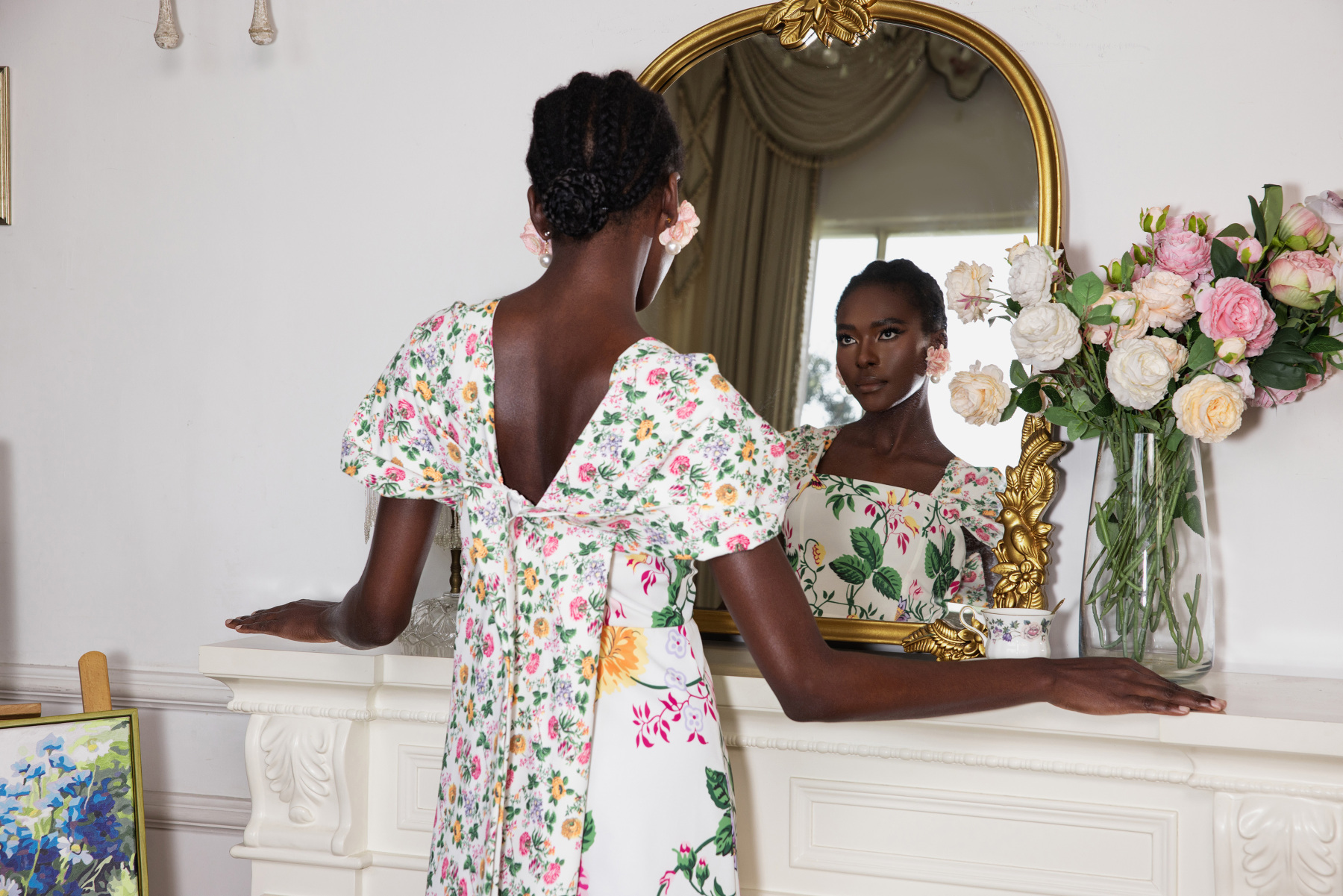 Floral Bow Draped Short Sleeve Midi Dress