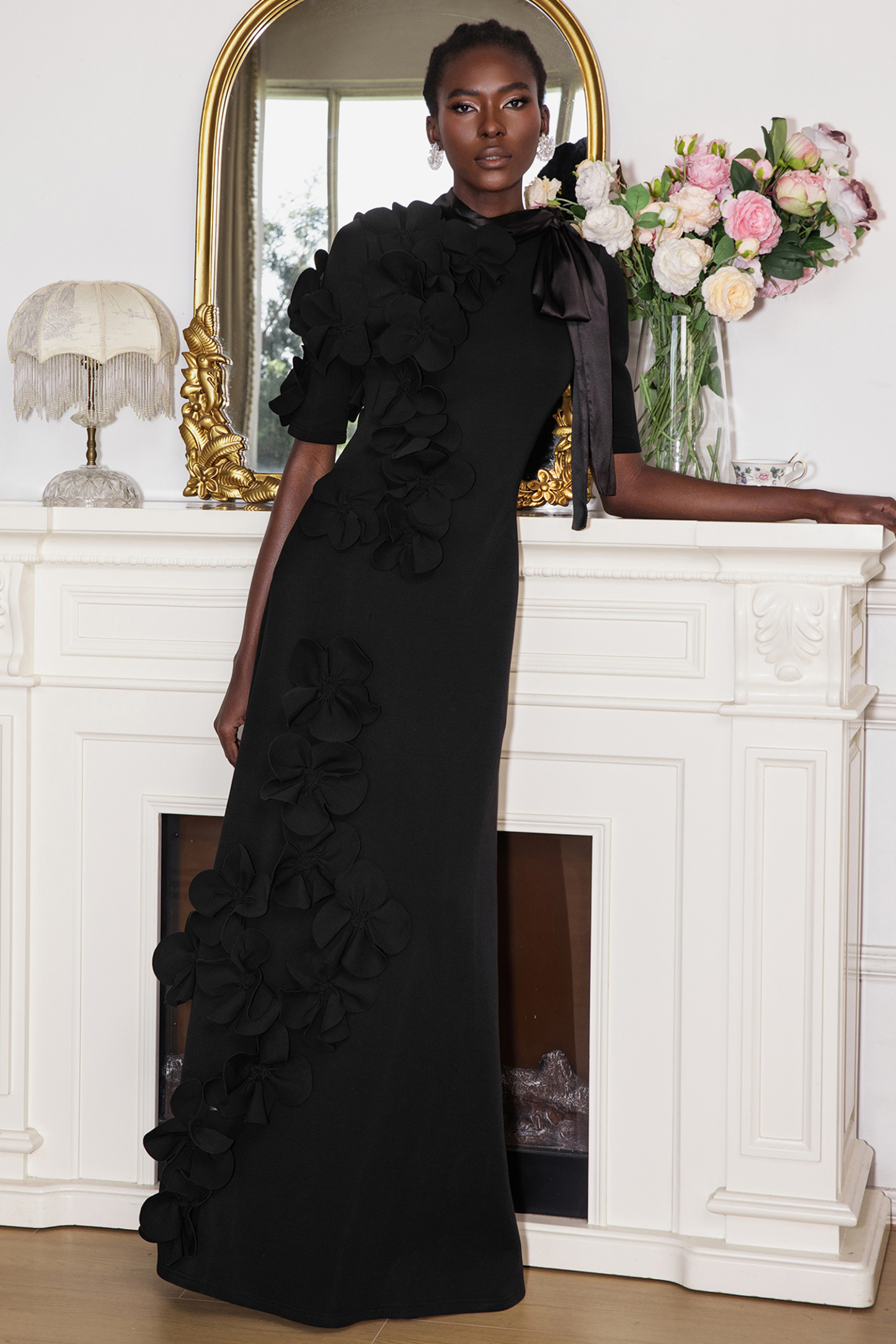 3D Flower Lace Up Mid Sleeve Maxi Dress