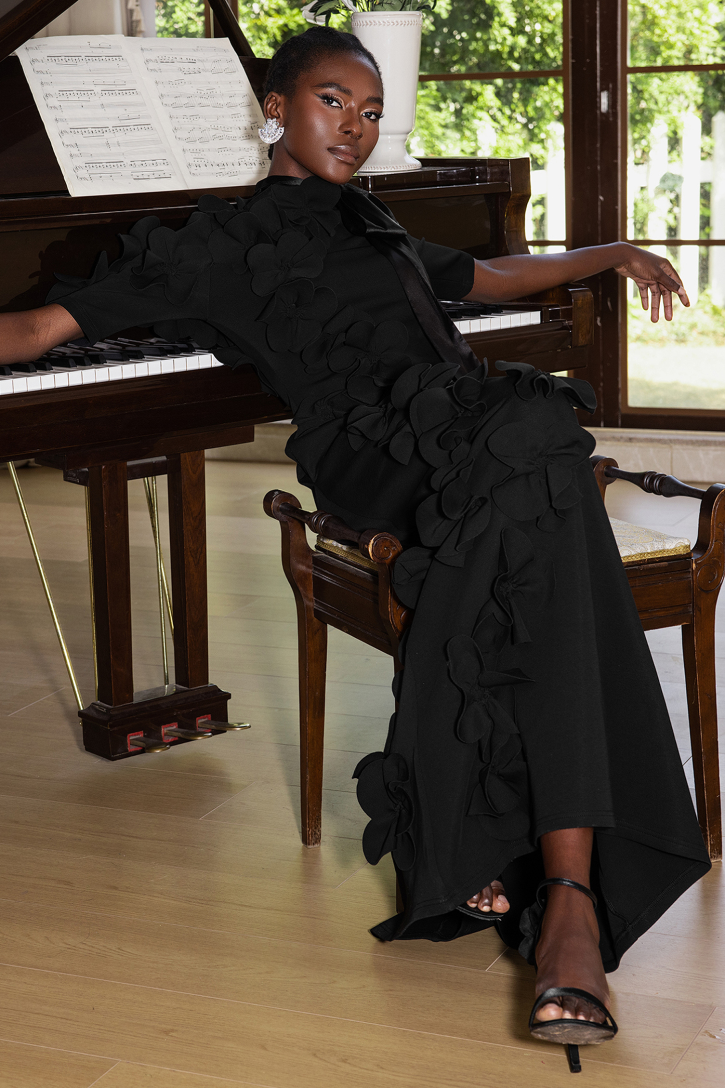 3D Flower Lace Up Mid Sleeve Maxi Dress