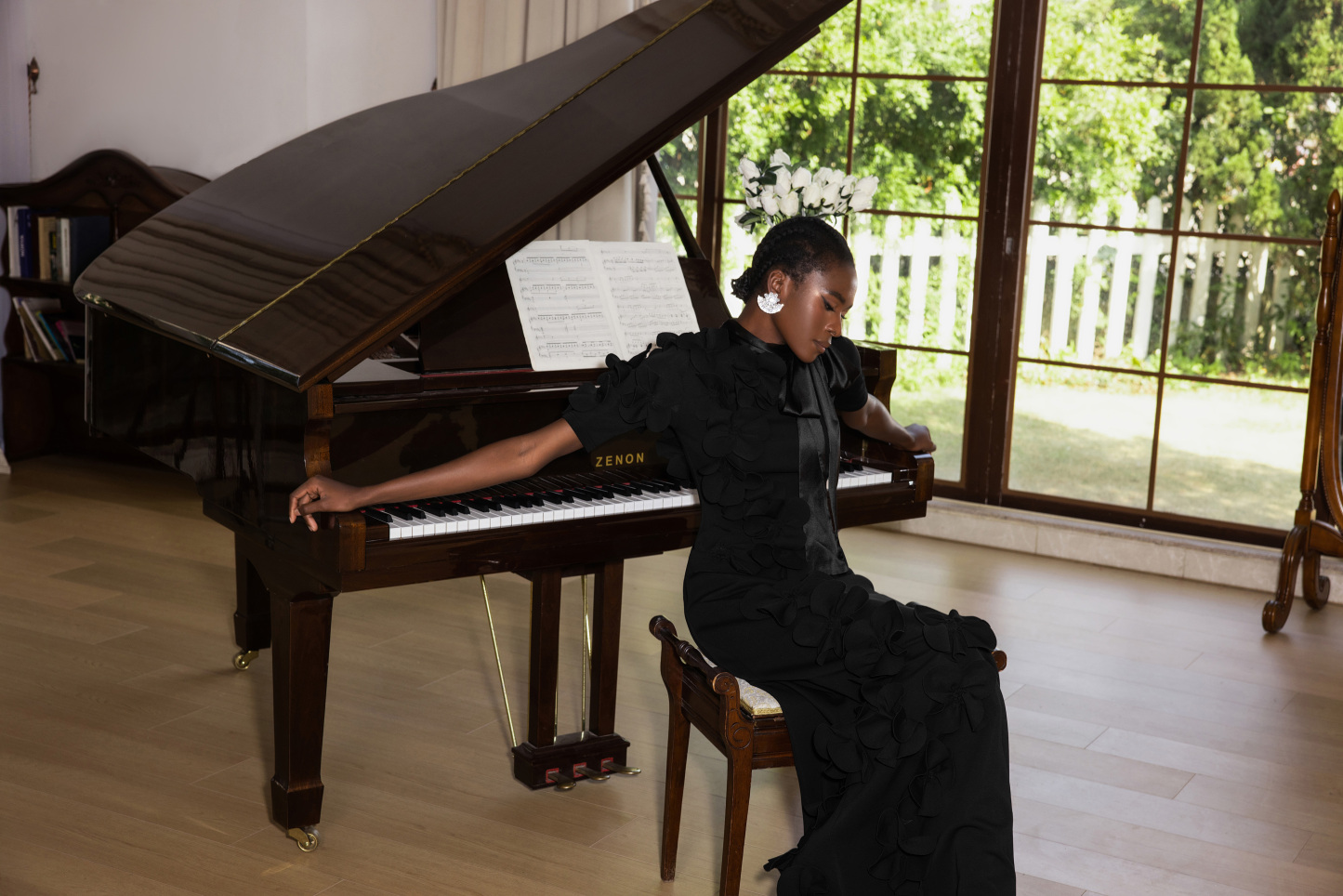 3D Flower Lace Up Mid Sleeve Maxi Dress