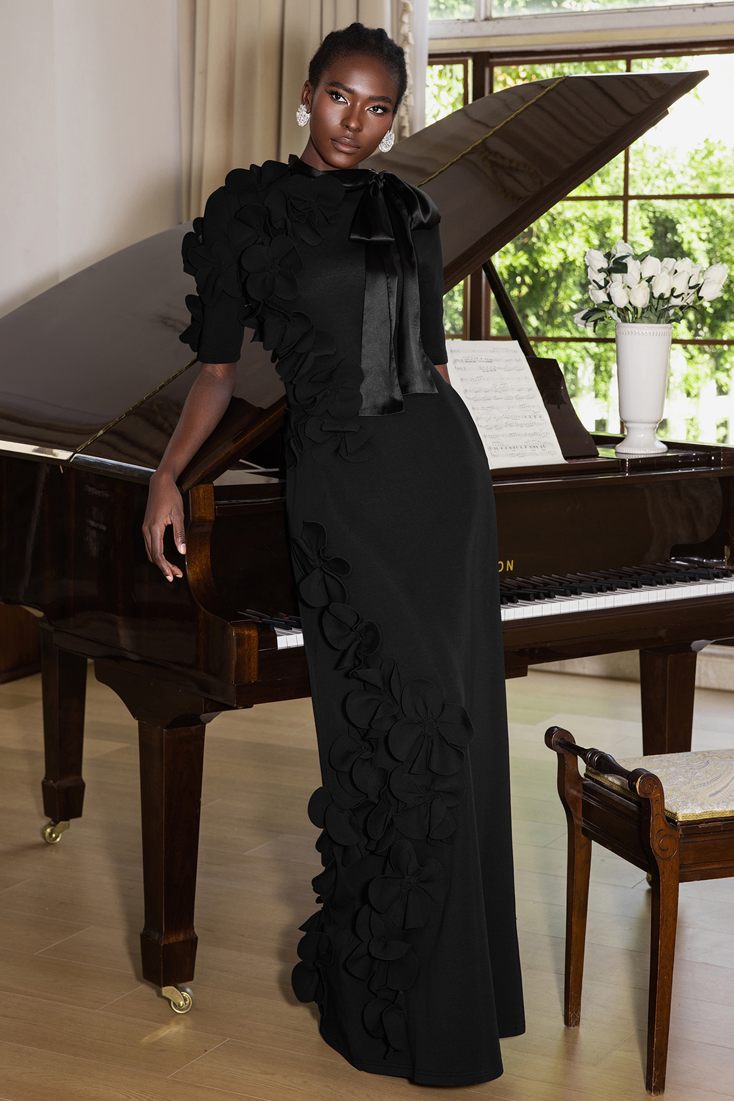 3D Flower Lace Up Mid Sleeve Maxi Dress