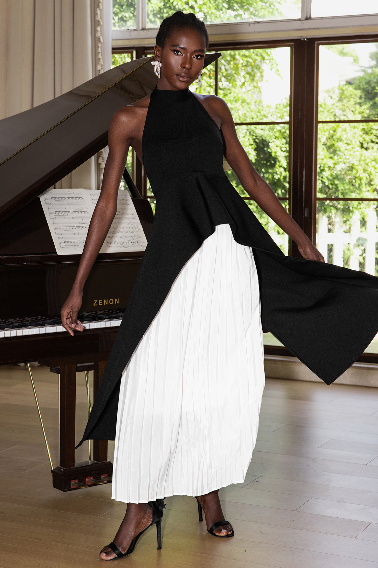 Crew Collar Sleeveless Backless Asymmetric Suit Dress