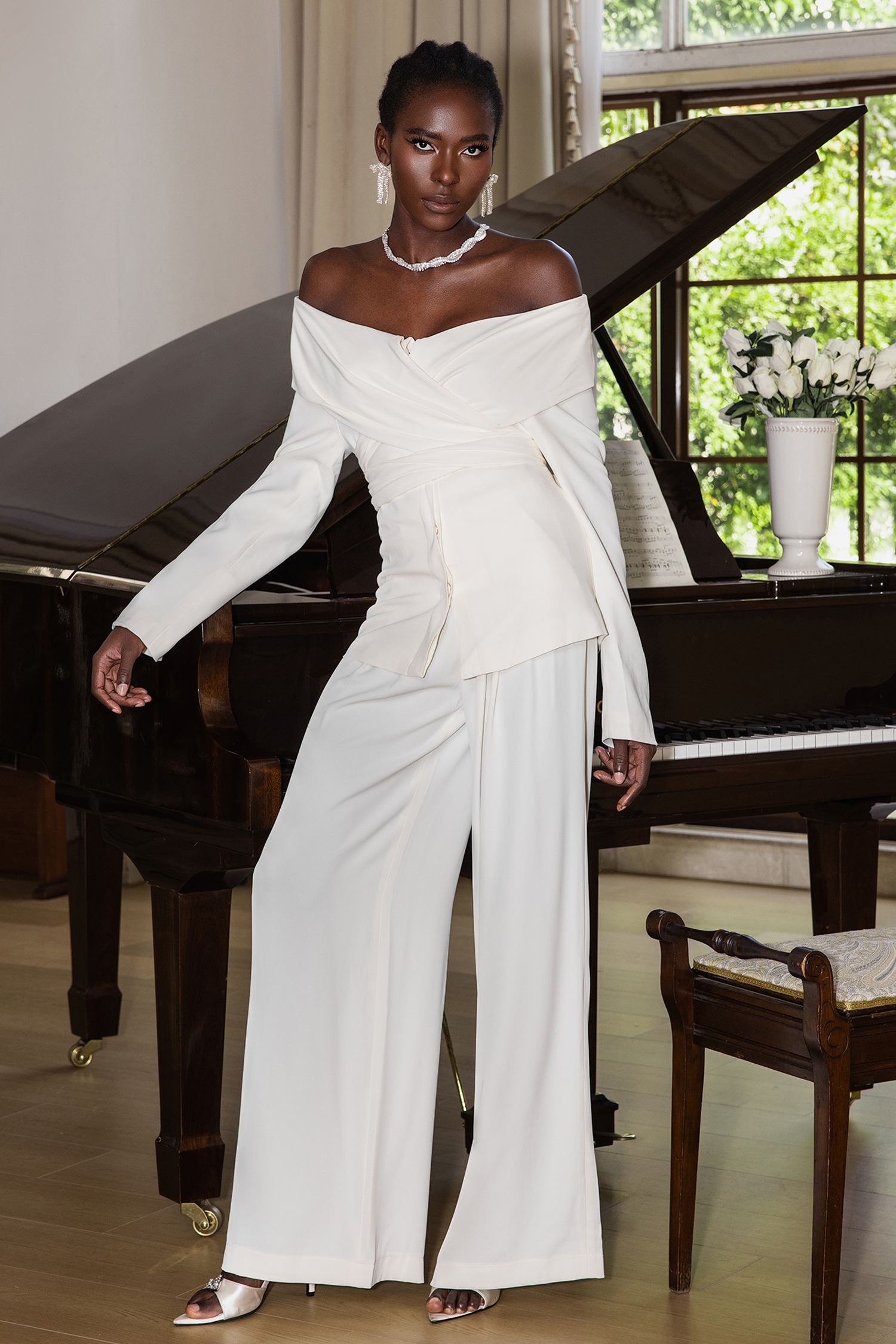 Long Sleeve Off-Shoulder Lace Up Twill Set White