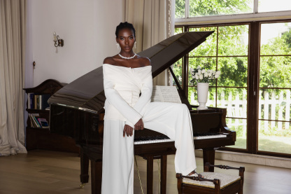 Long Sleeve Off-Shoulder Lace Up Twill Set White