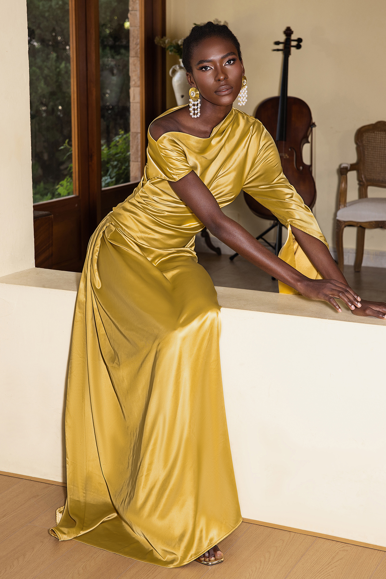 Satin Asymmetrical Neckline Draped Maxi Dress