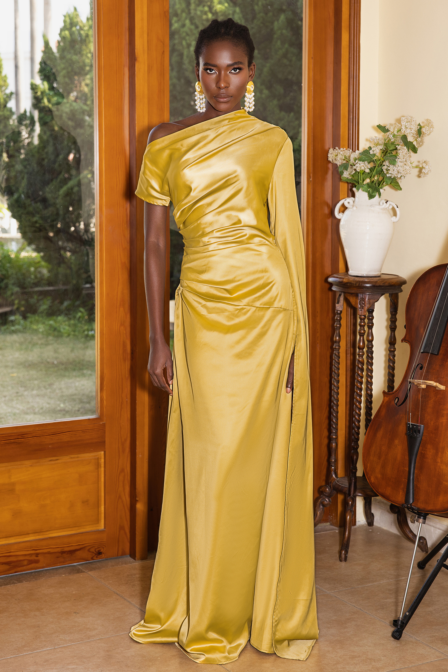 Satin Asymmetrical Neckline Draped Maxi Dress