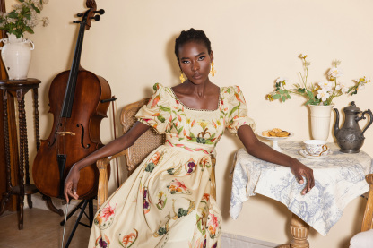 Floral Embroidery Puff Sleeve Square Collar Midi Dress