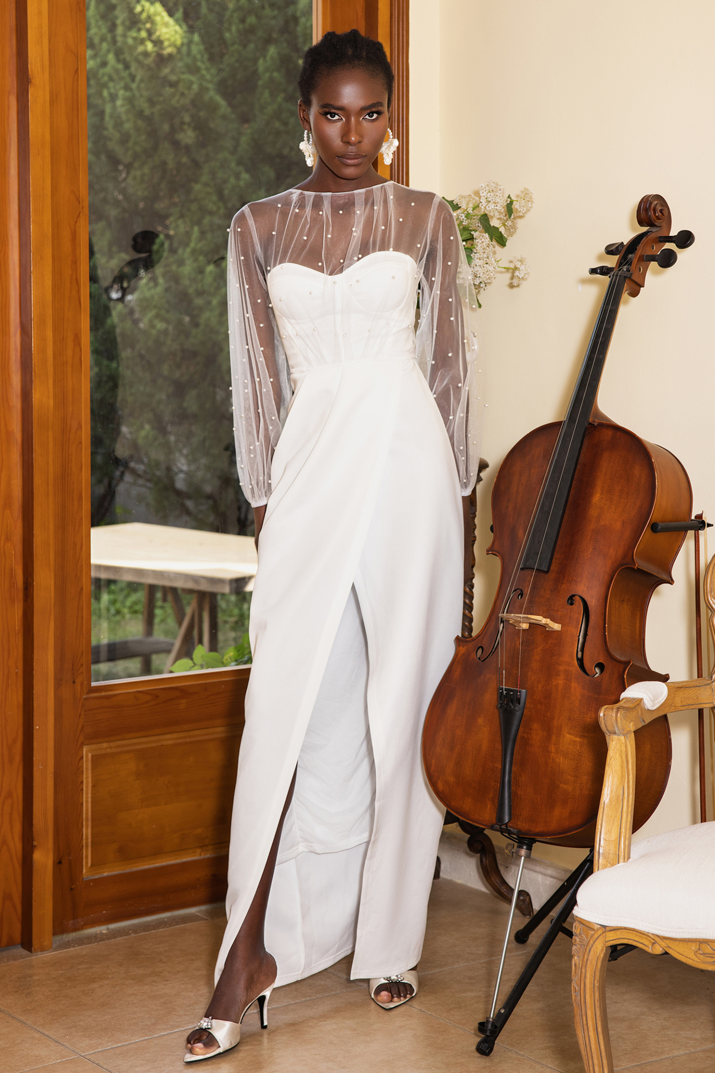 Faux Pearl Lantern Sleeve Midi Dress