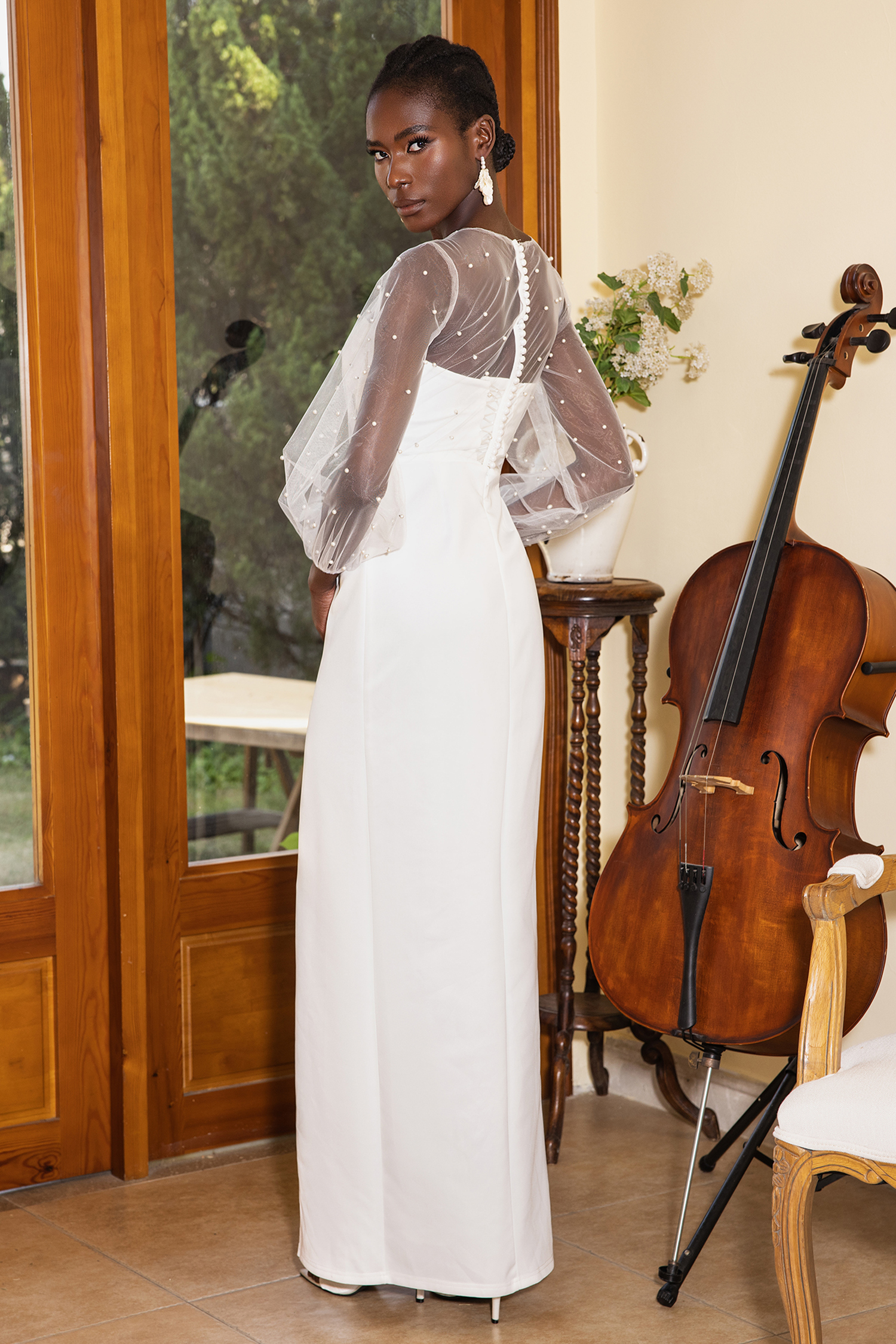 Faux Pearl Lantern Sleeve Midi Dress