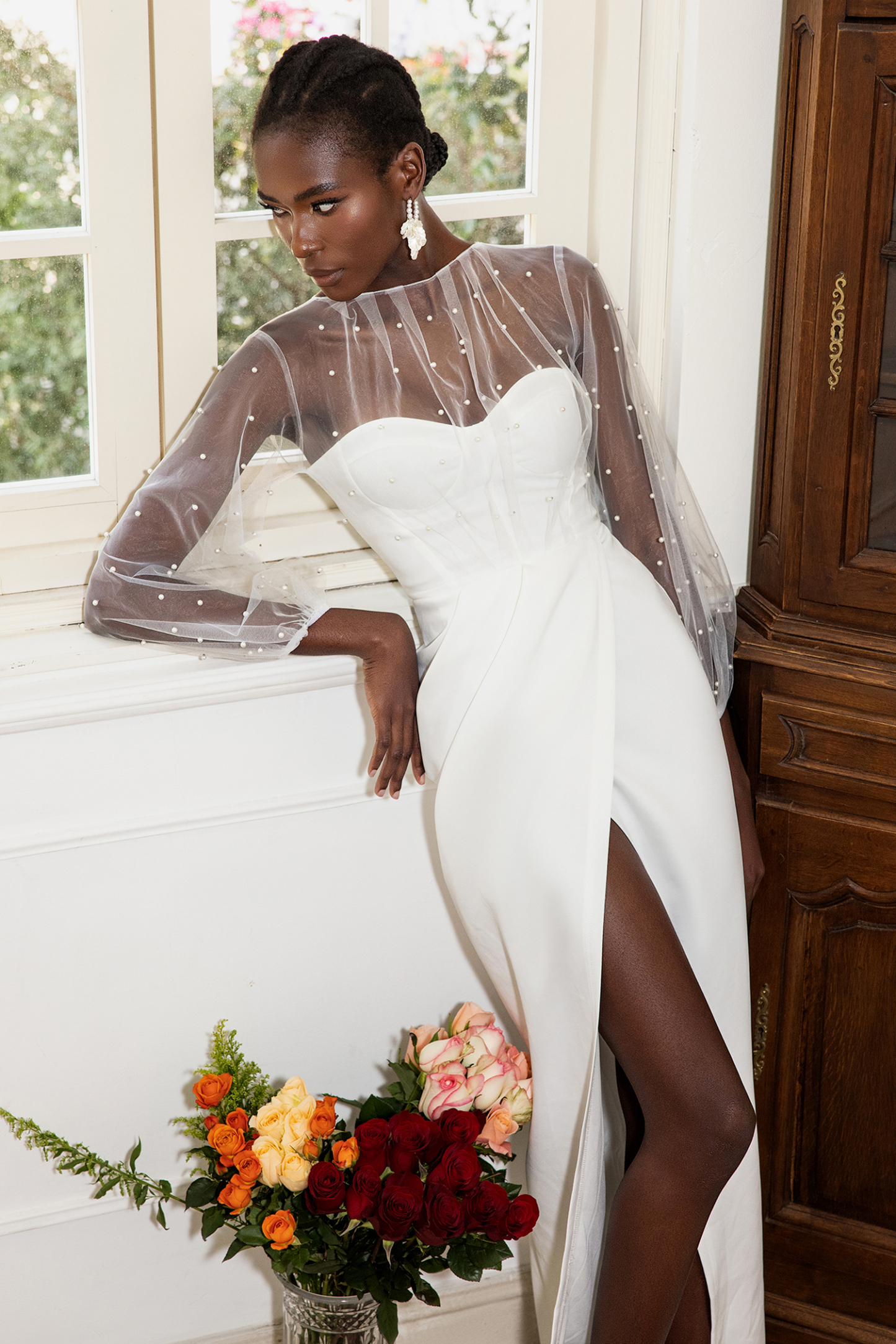 Faux Pearl Lantern Sleeve Midi Dress