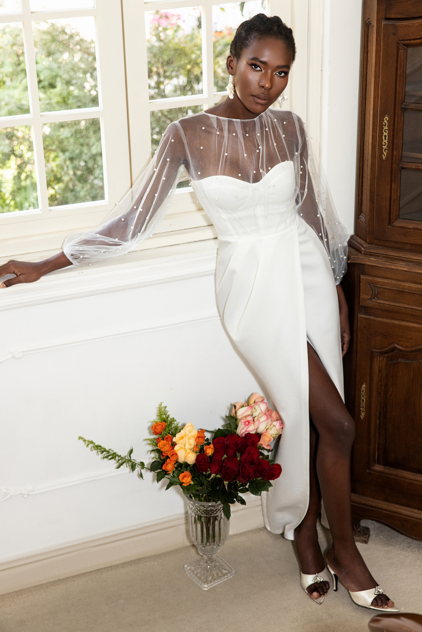 Faux Pearl Lantern Sleeve Midi Dress