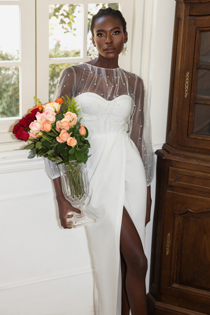 Faux Pearl Lantern Sleeve Midi Dress