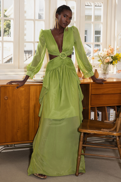 Solid V-Neck Ruffle Split Lantern Sleeve Maxi Dress