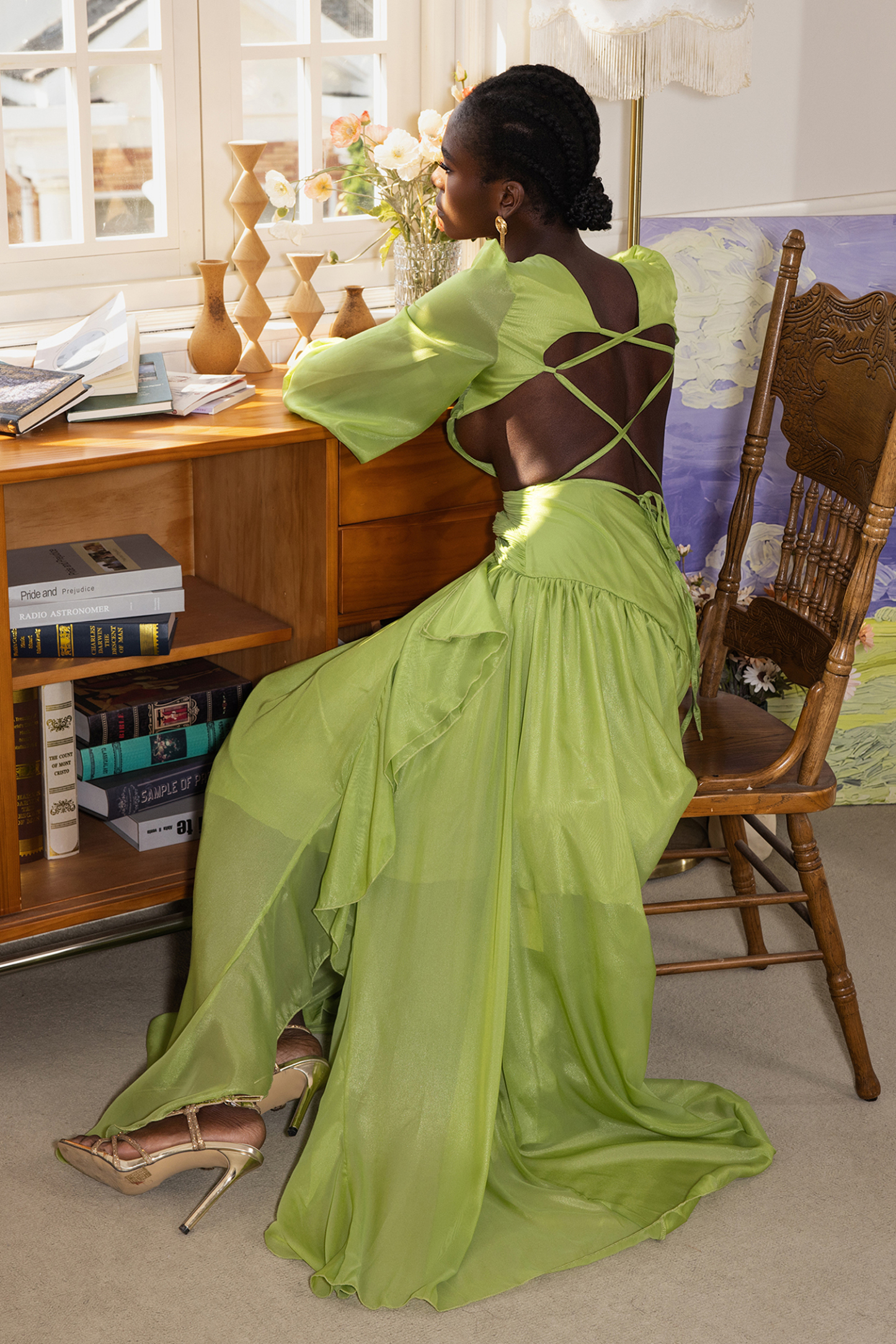 Solid V-Neck Ruffle Split Lantern Sleeve Maxi Dress