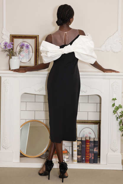 Bow Off-Shoulder Asymmetrical Midi Dress