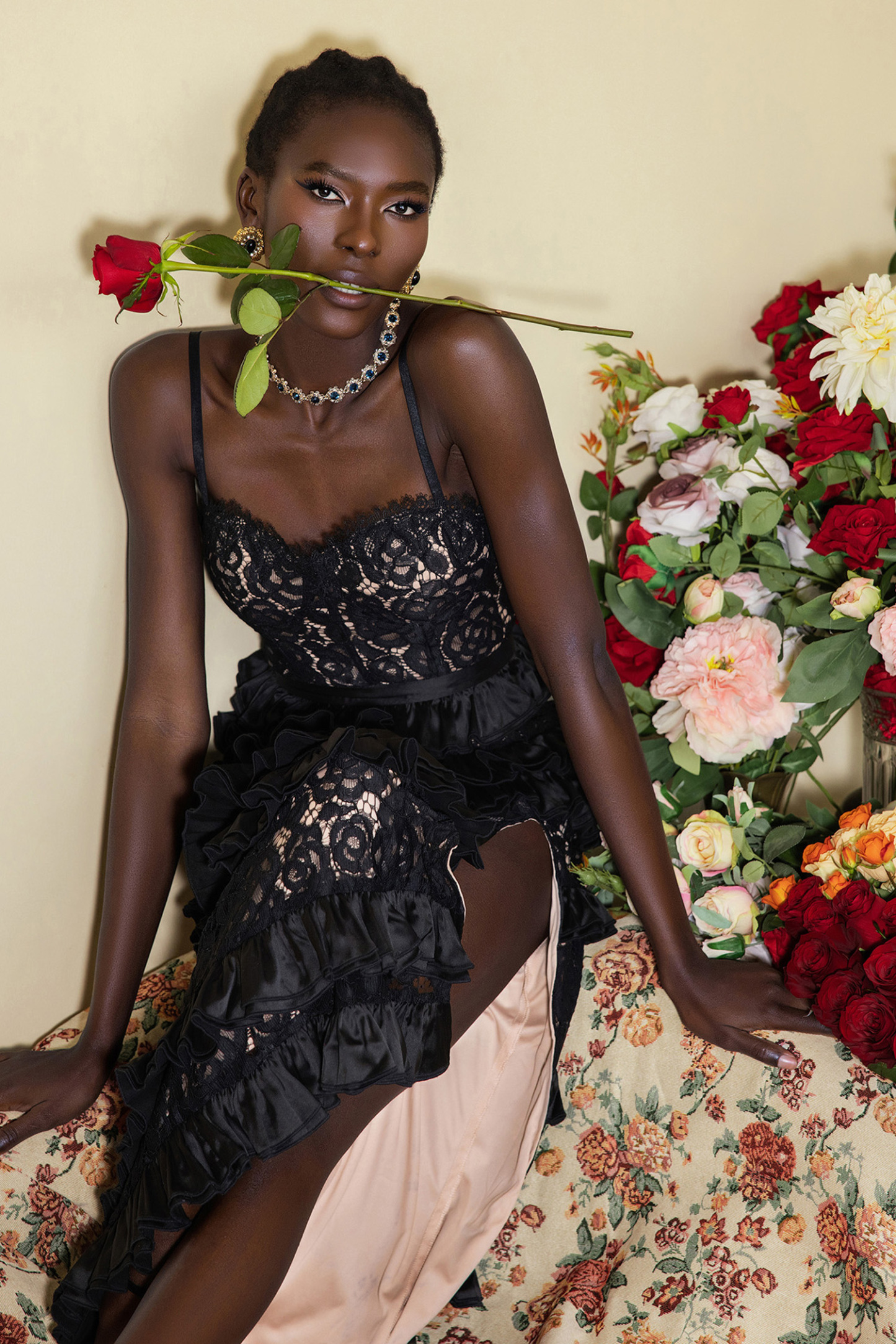 Lace Ruffle Corset Split Maxi Dress