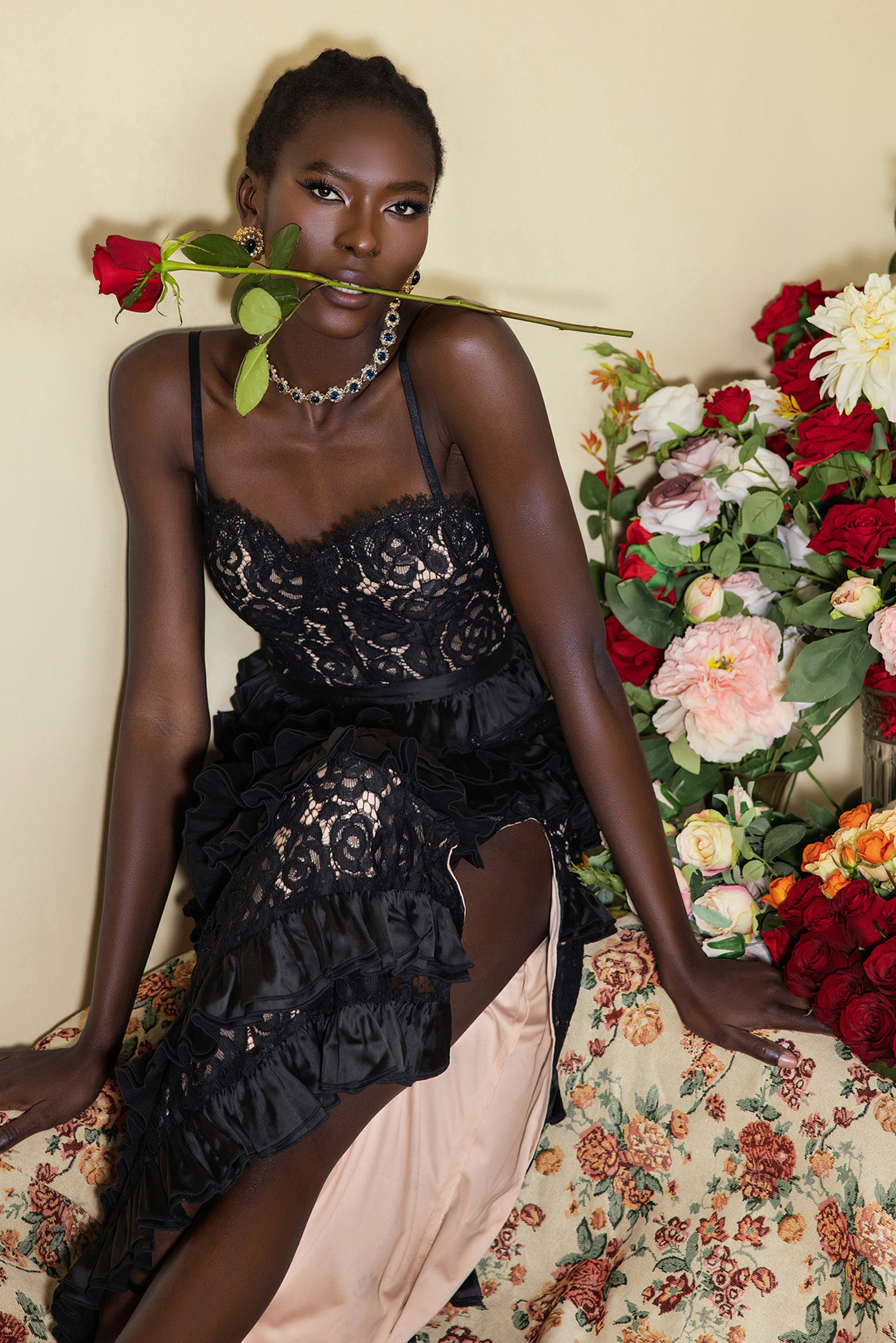 Lace Ruffle Corset Split Maxi Dress