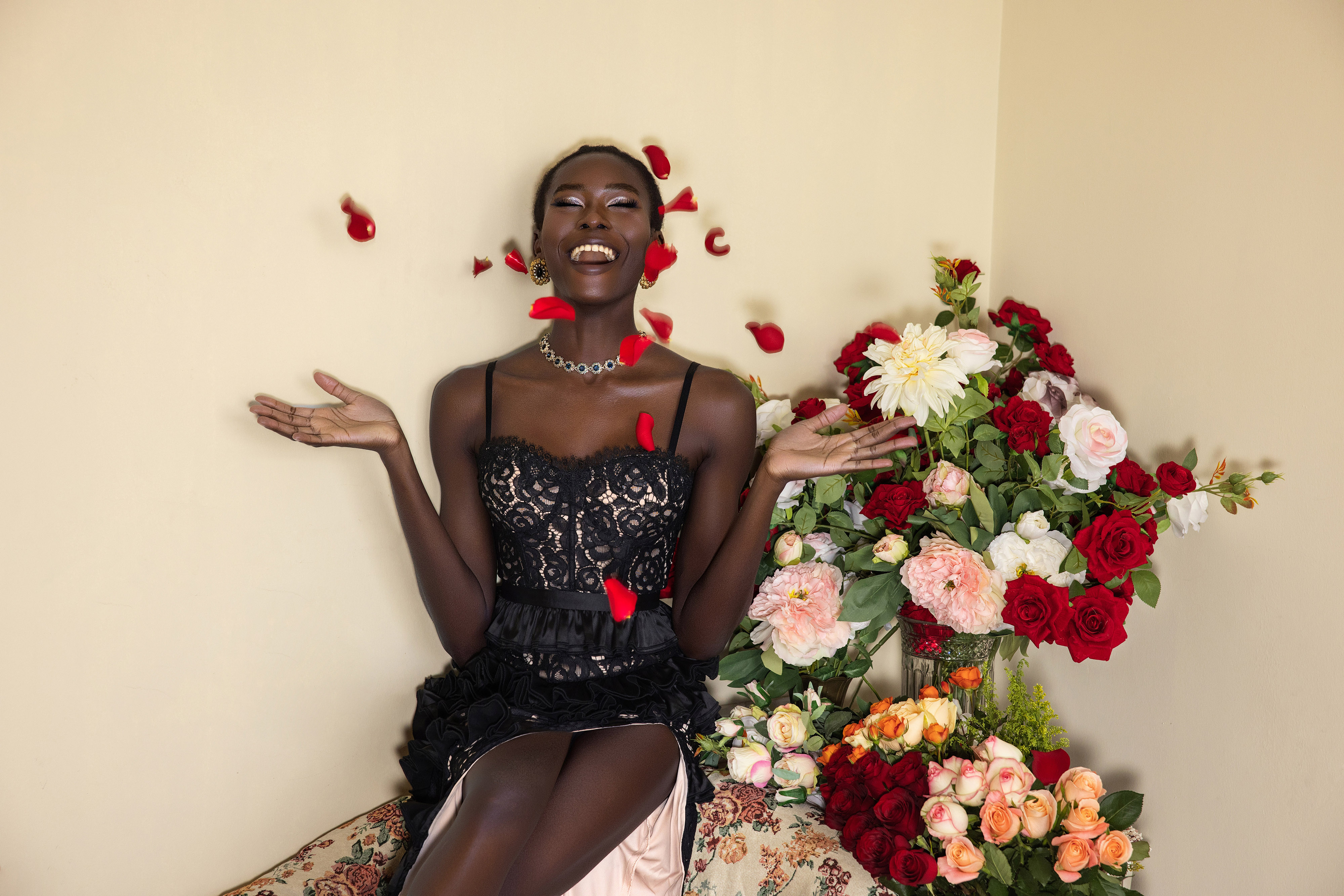 Lace Ruffle Corset Split Maxi Dress