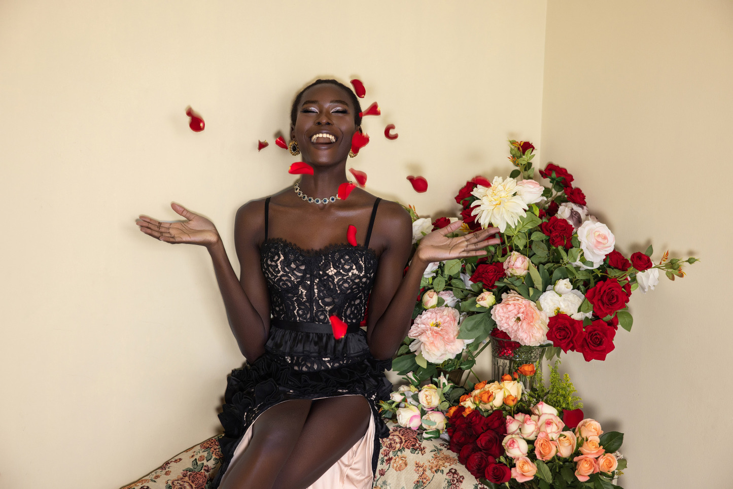 Lace Ruffle Corset Split Maxi Dress