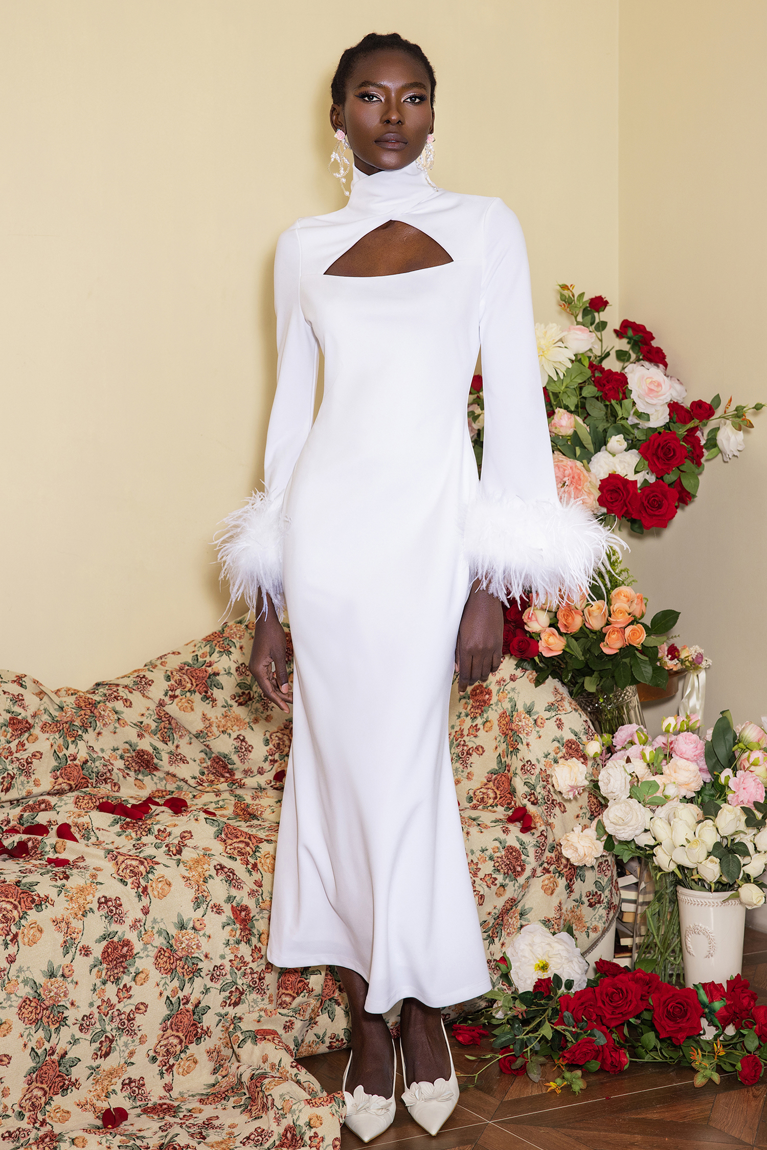 Feather Solid High Neck Midi Dress