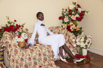 Feather Solid High Neck Midi Dress