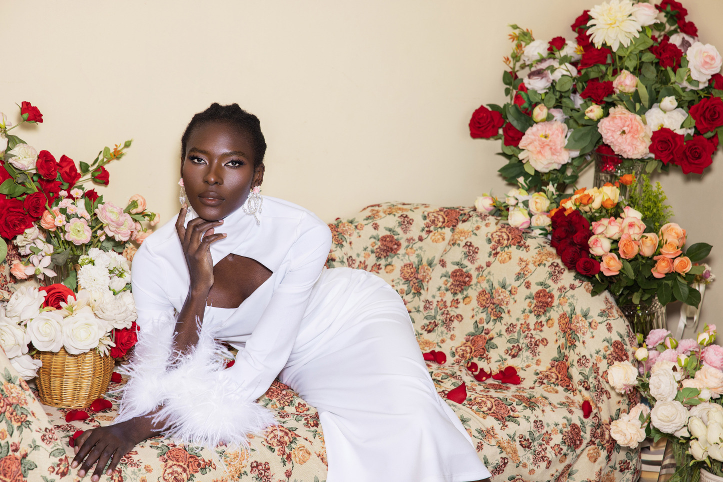 Feather Solid High Neck Midi Dress