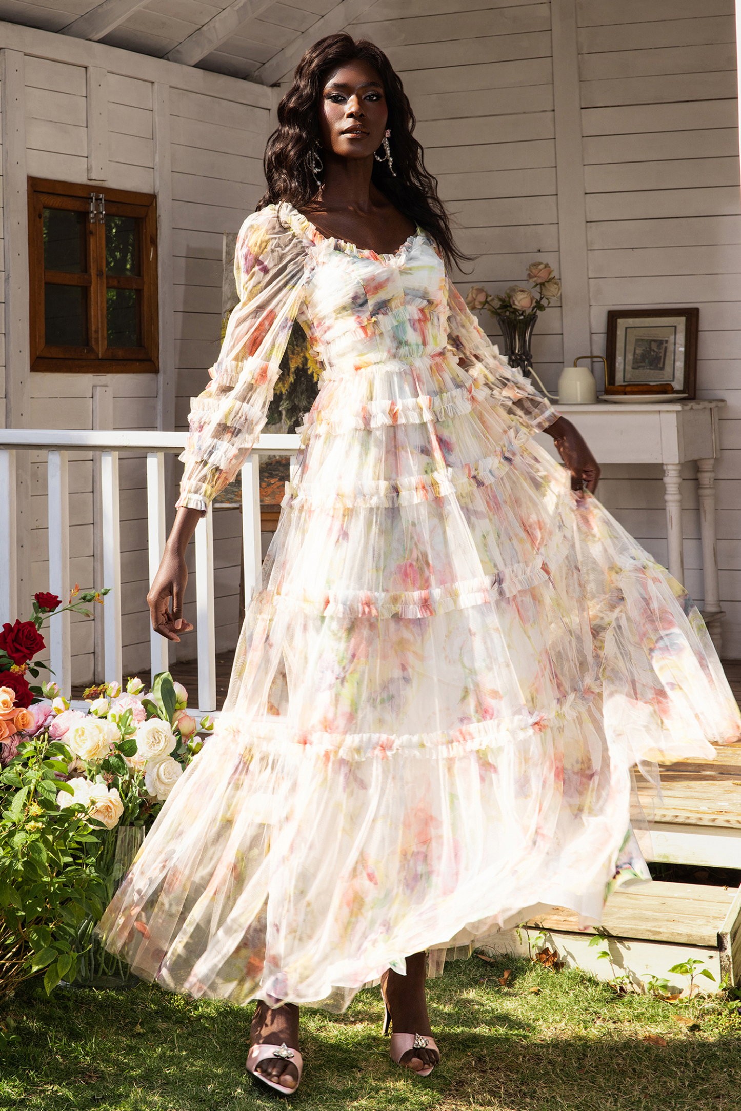 Floral Long Sleeve Ruffle Hem Maxi Dress Pink