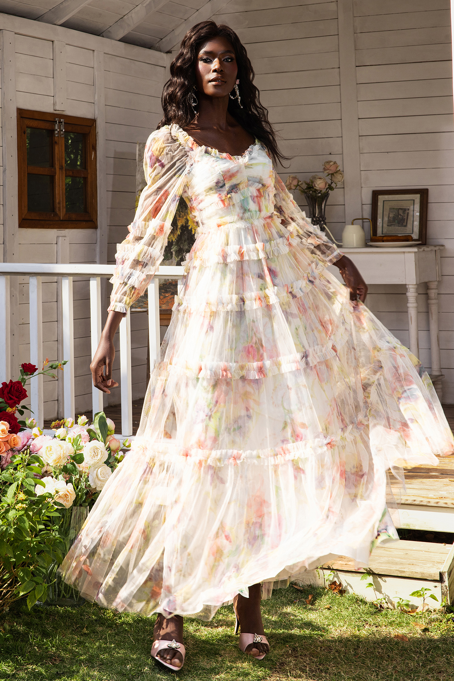 Floral Long Sleeve Ruffle Hem Maxi Dress Pink