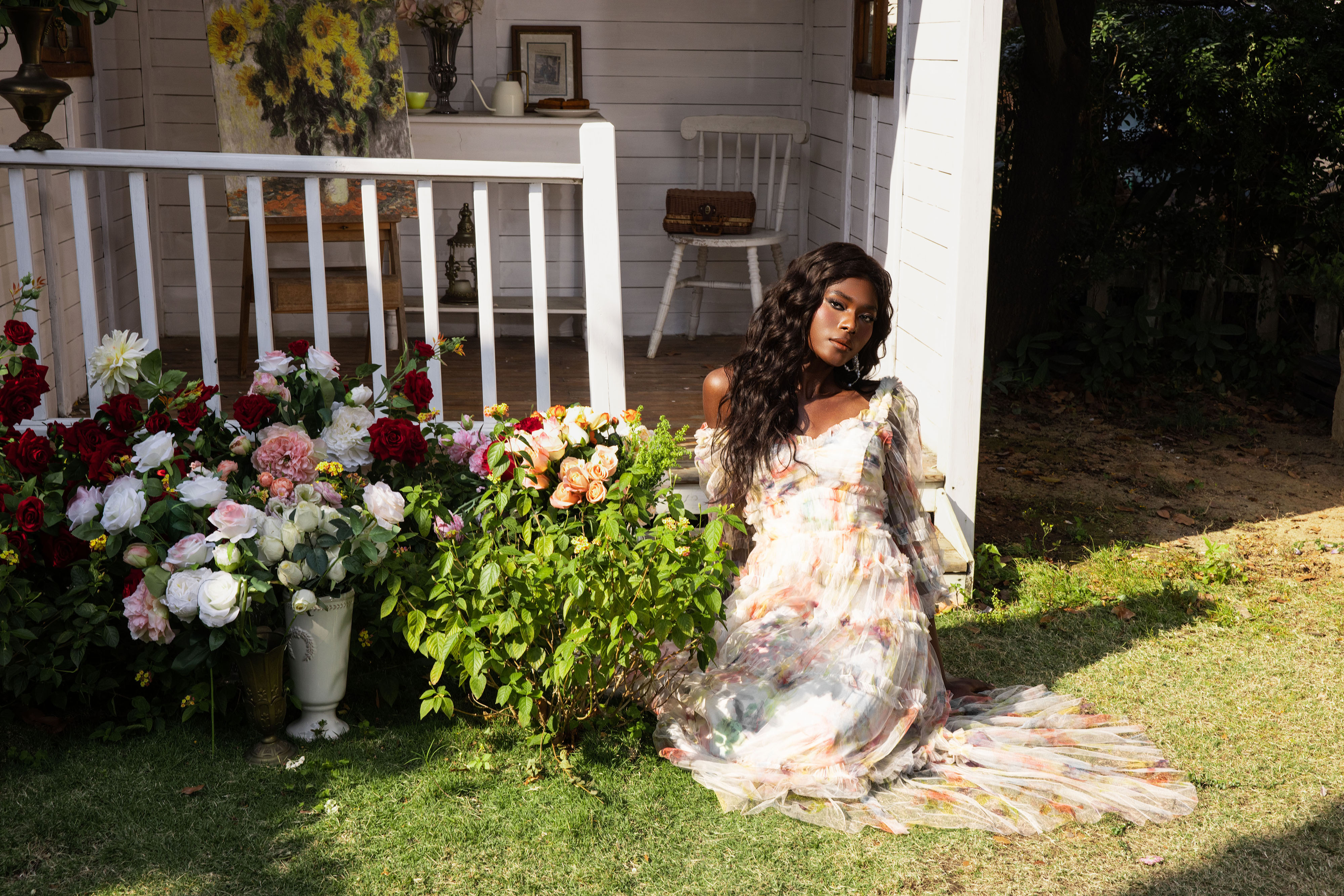 Floral Long Sleeve Ruffle Hem Maxi Dress Pink