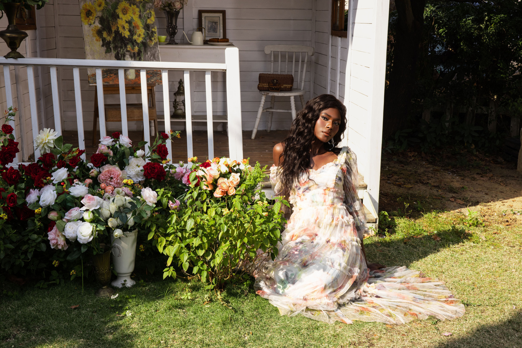 Floral Long Sleeve Ruffle Hem Maxi Dress Pink