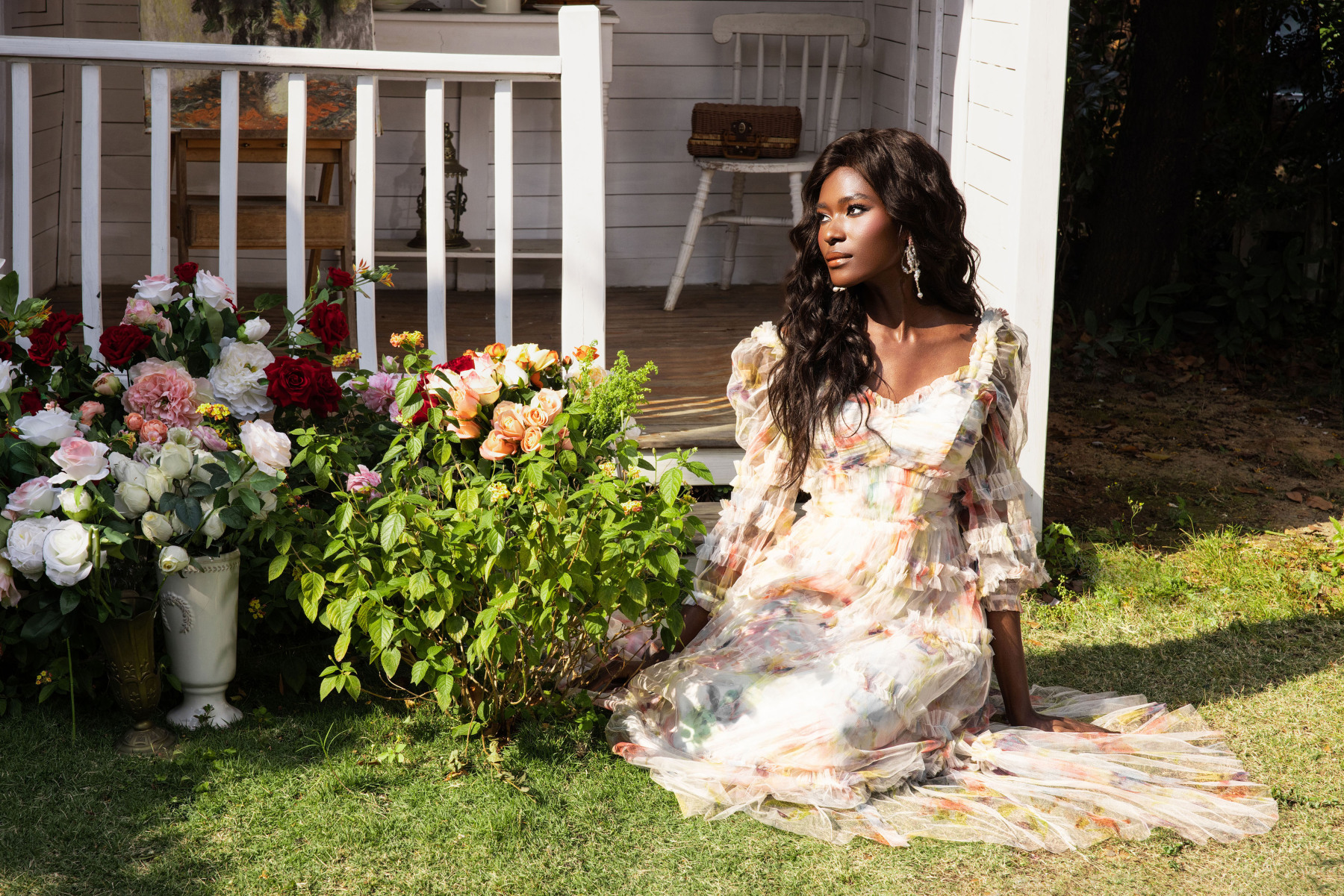 Floral Long Sleeve Ruffle Hem Maxi Dress Pink