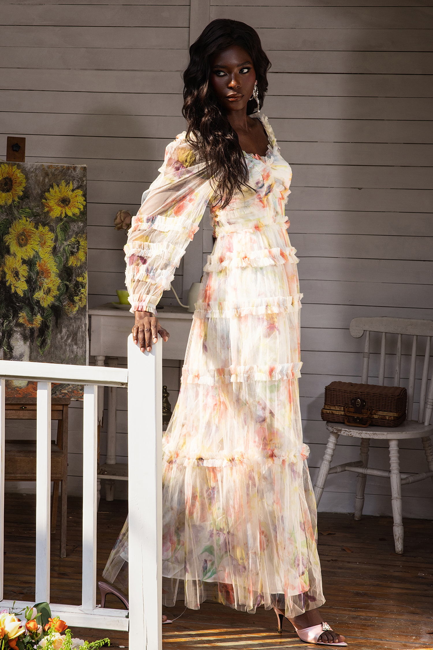Floral Long Sleeve Ruffle Hem Maxi Dress Pink