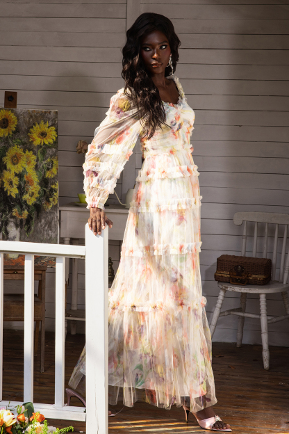 Floral Long Sleeve Ruffle Hem Maxi Dress Pink
