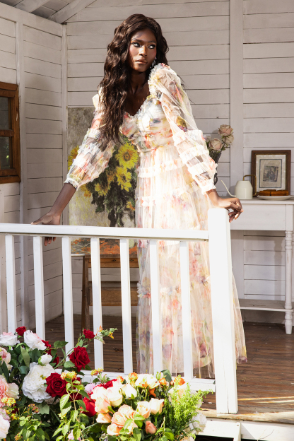 Floral Long Sleeve Ruffle Hem Maxi Dress Pink
