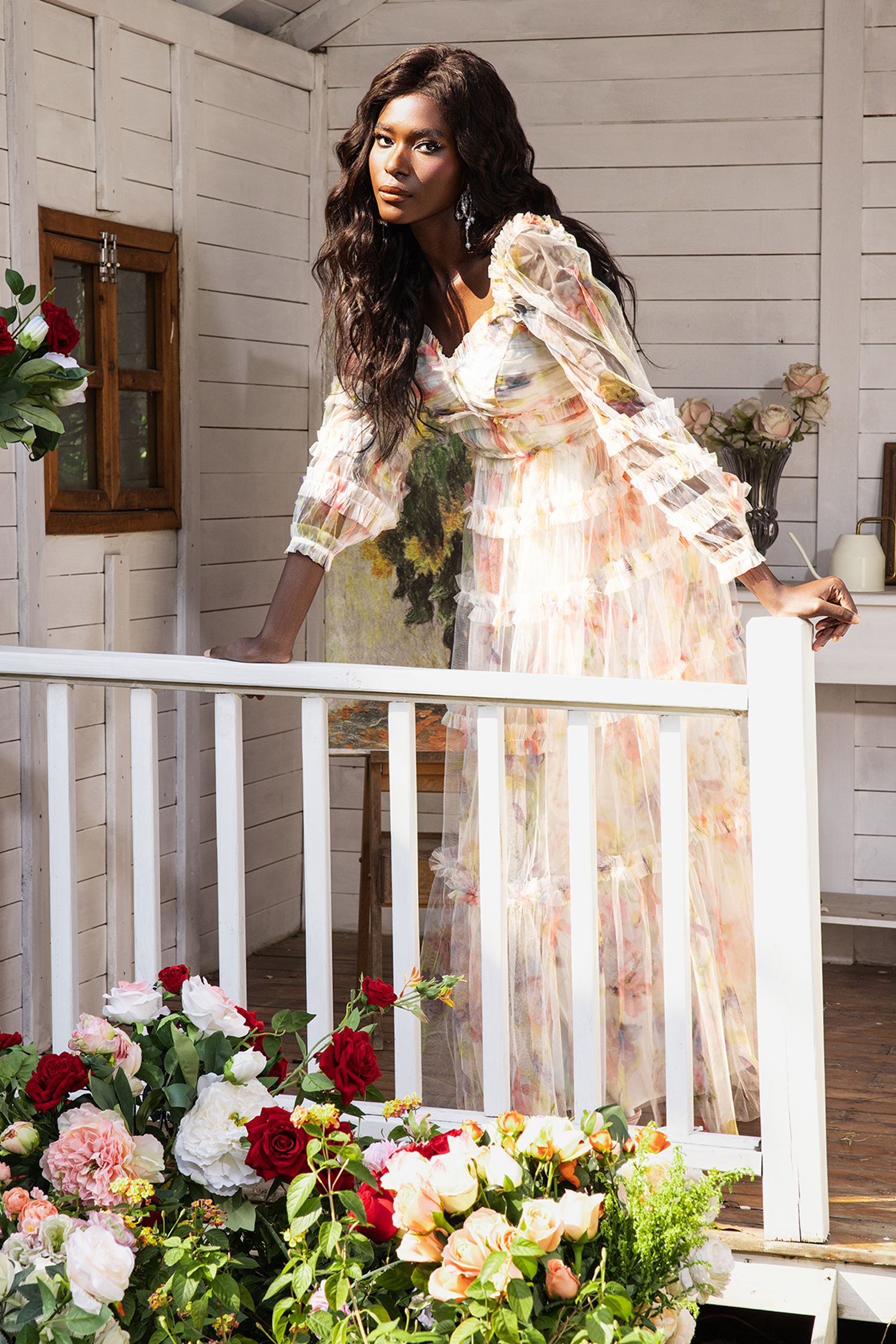 Floral Long Sleeve Ruffle Hem Maxi Dress Pink