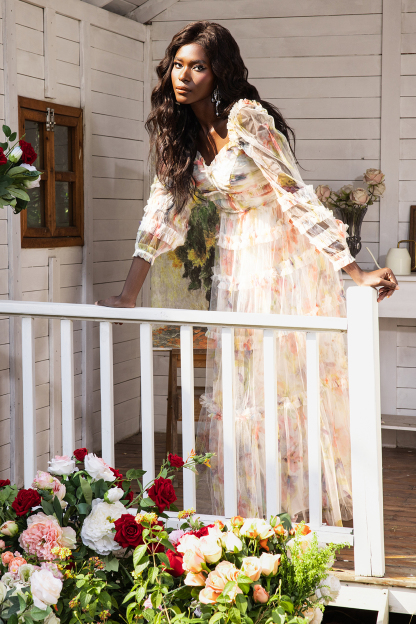 Floral Long Sleeve Ruffle Hem Maxi Dress Pink