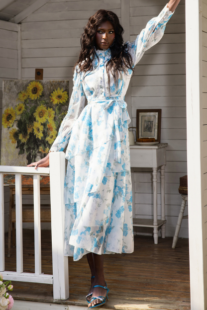 Floral Lantern Sleeve Lace Midi Dress