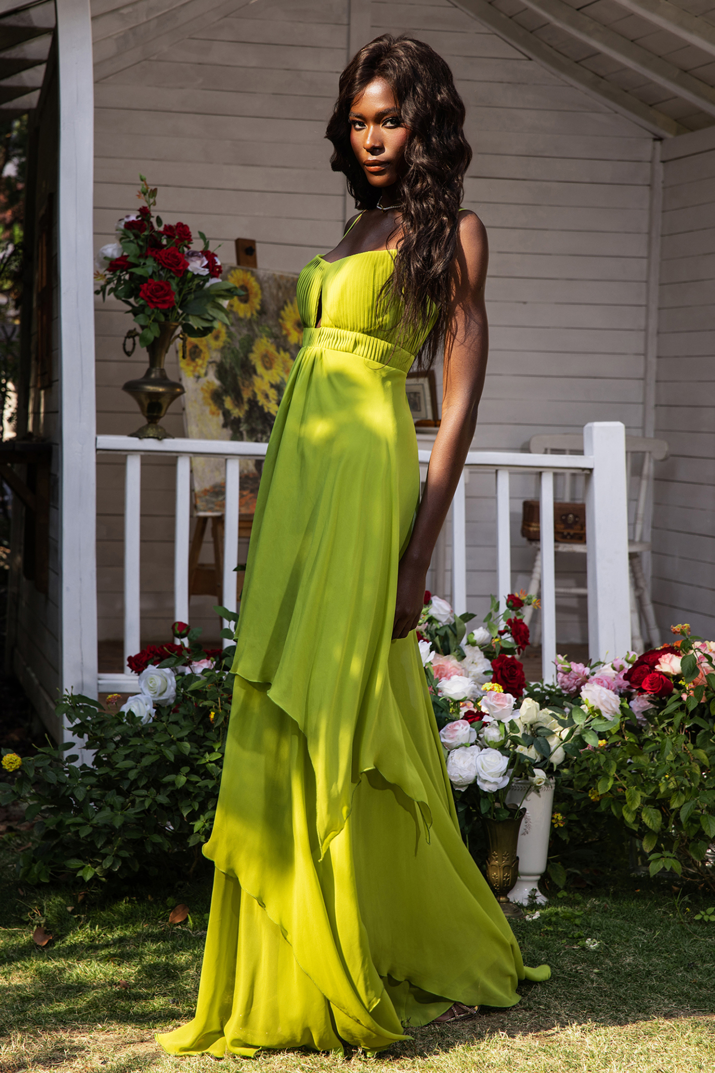Solid Pleated Cut-Out Maxi Dress