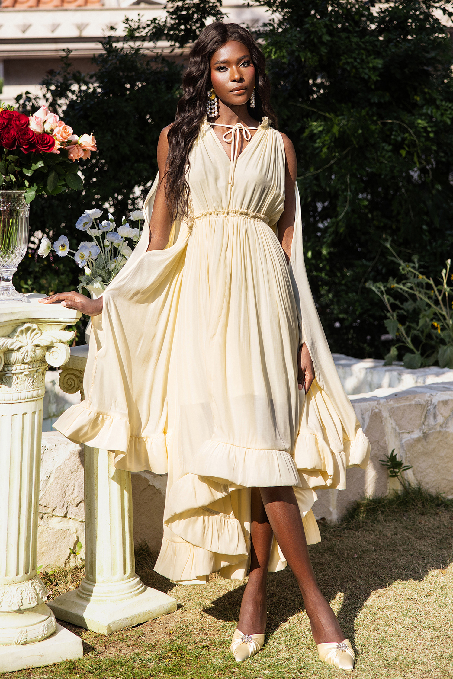 V-Neck Ruffle Hem Cape Large Hemline Midi Dress Beige