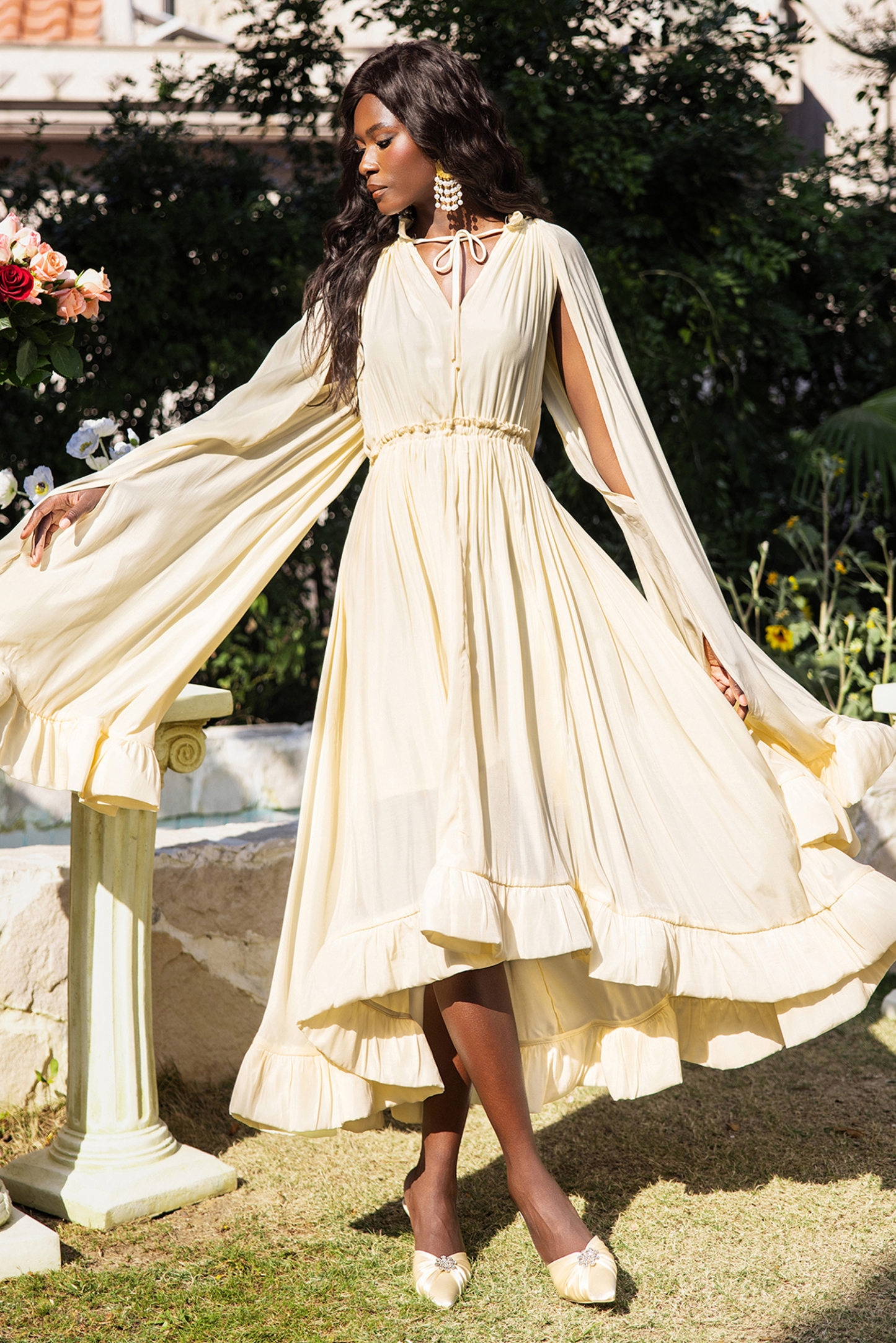 V-Neck Ruffle Hem Cape Large Hemline Midi Dress Beige