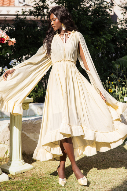 V-Neck Ruffle Hem Cape Large Hemline Midi Dress Beige