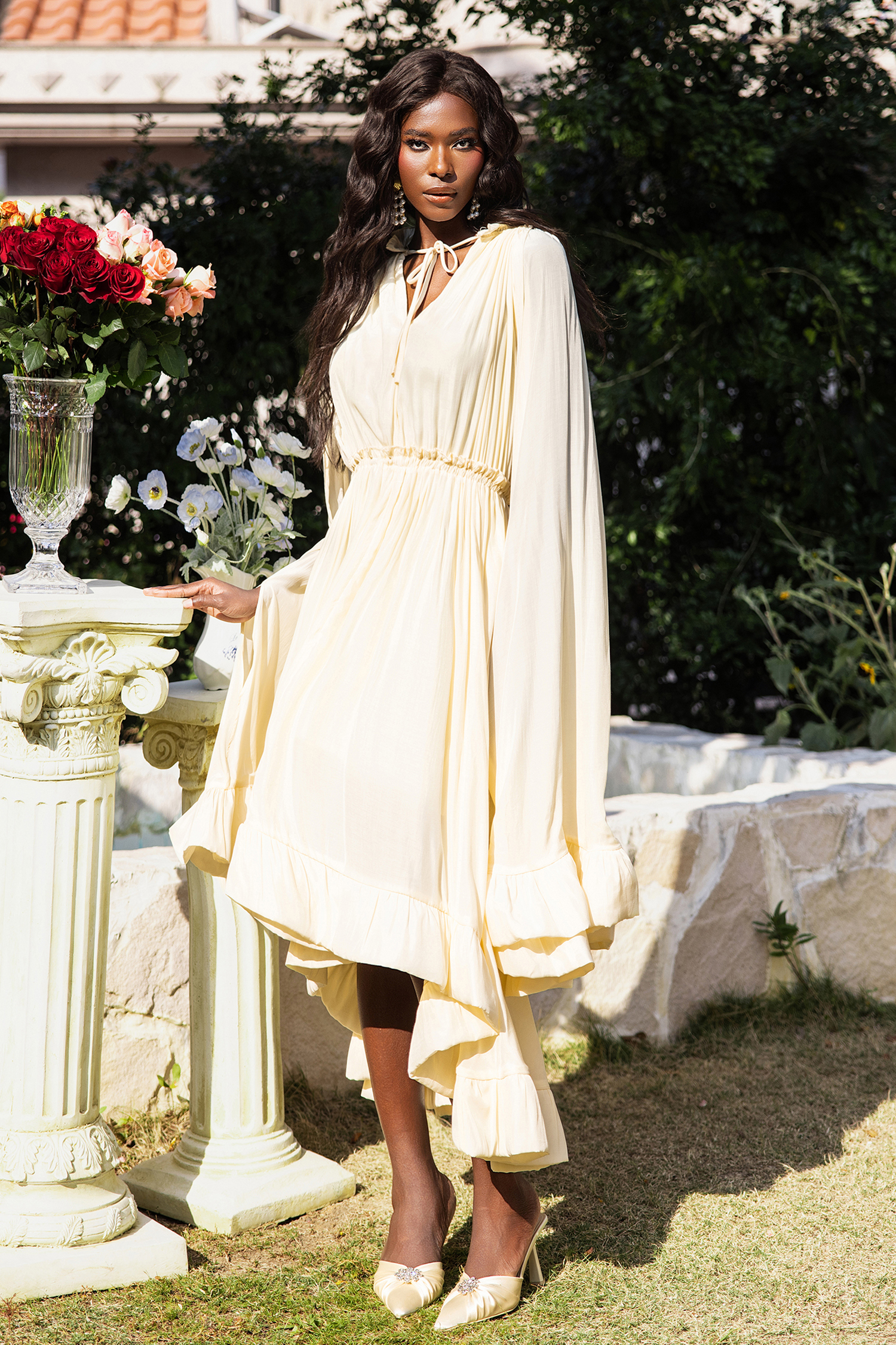 V-Neck Ruffle Hem Cape Large Hemline Midi Dress Beige