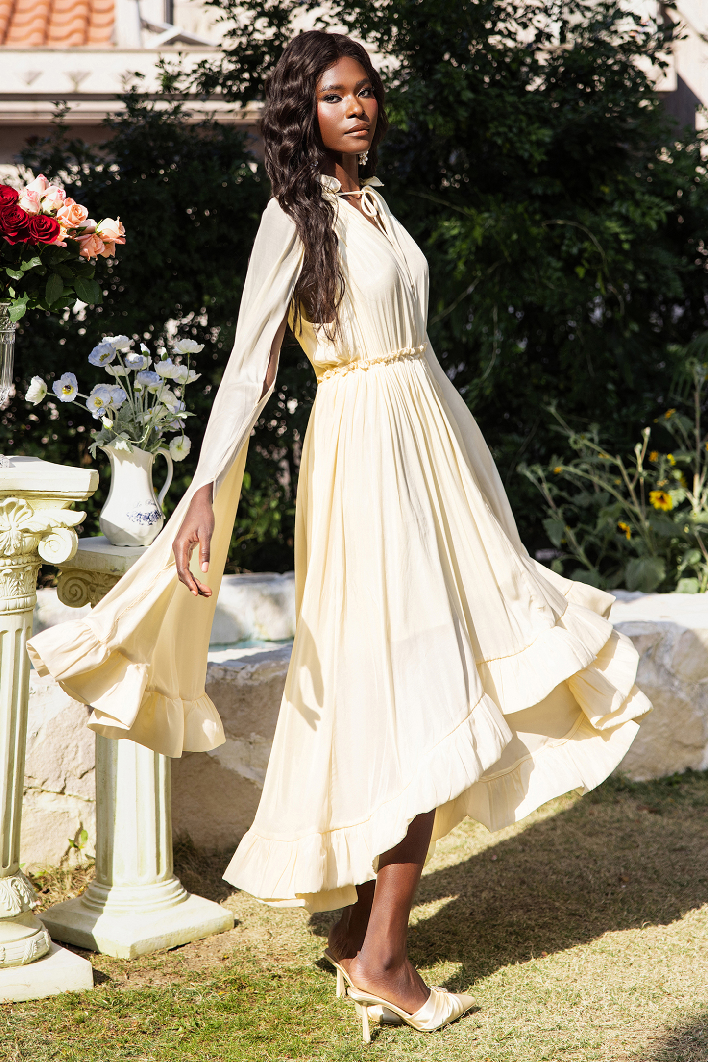 V-Neck Ruffle Hem Cape Large Hemline Midi Dress Beige