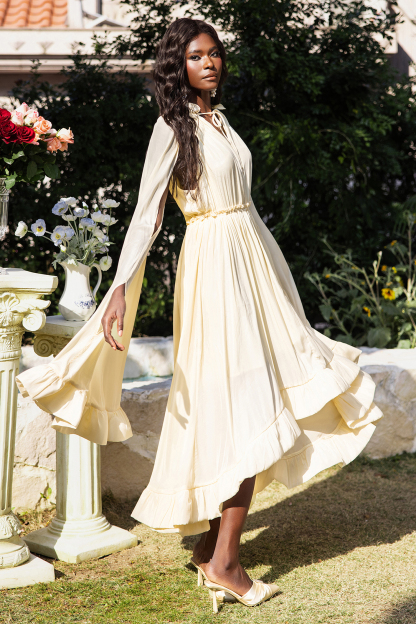 V-Neck Ruffle Hem Cape Large Hemline Midi Dress Beige