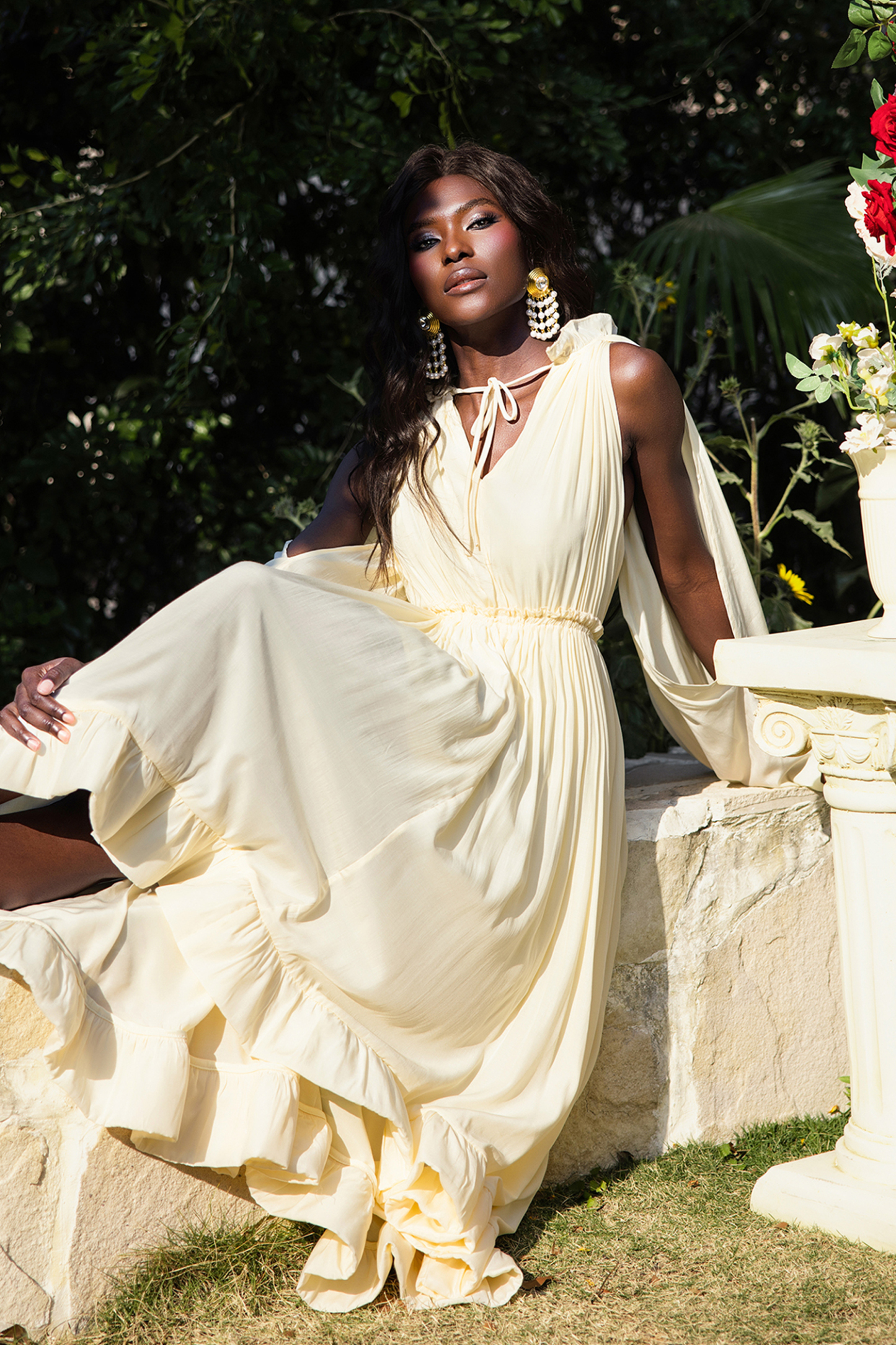 V-Neck Ruffle Hem Cape Large Hemline Midi Dress Beige