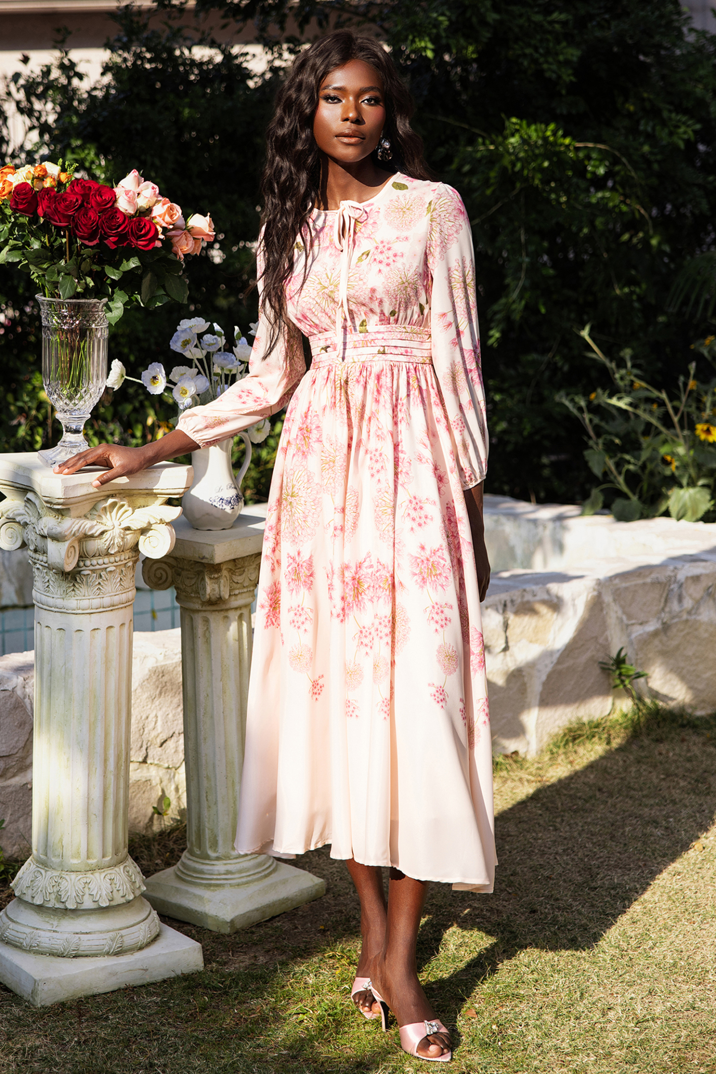 Floral Print Round Neck Puff Sleeve Maxi Dress