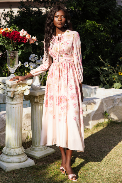 Floral Print Round Neck Puff Sleeve Maxi Dress
