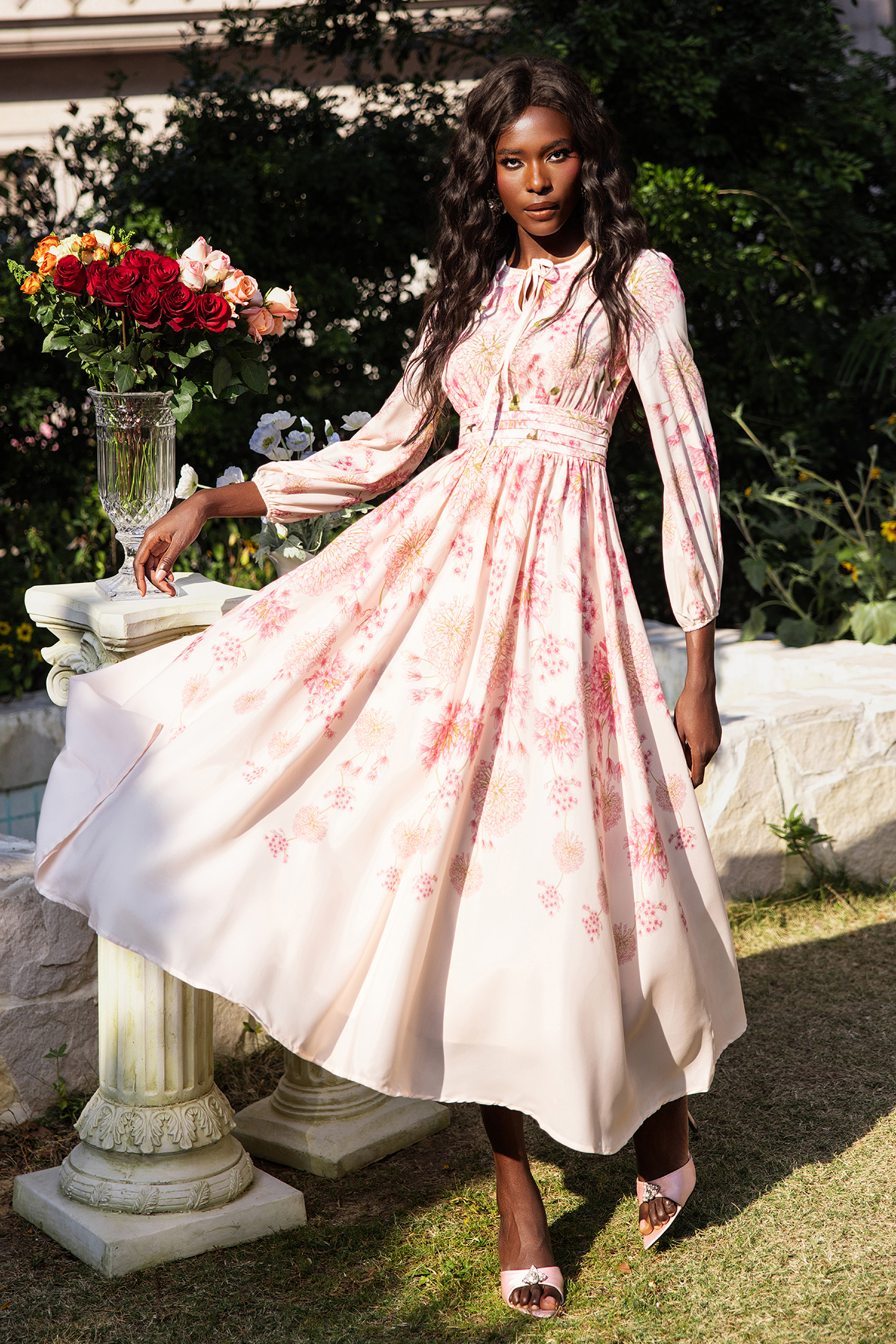 Floral Print Round Neck Puff Sleeve Maxi Dress