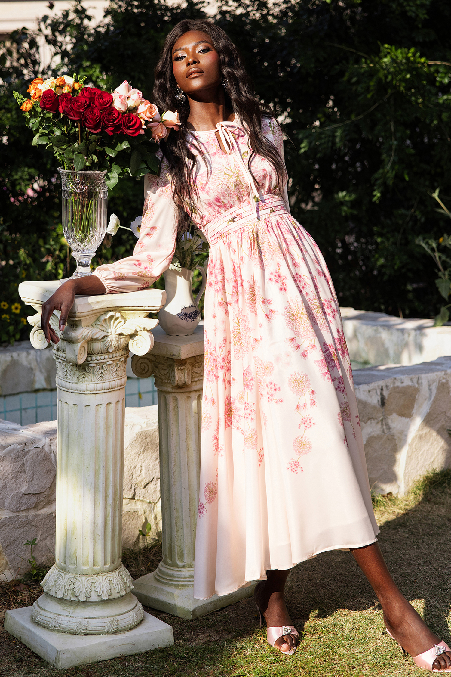 Floral Print Round Neck Puff Sleeve Maxi Dress