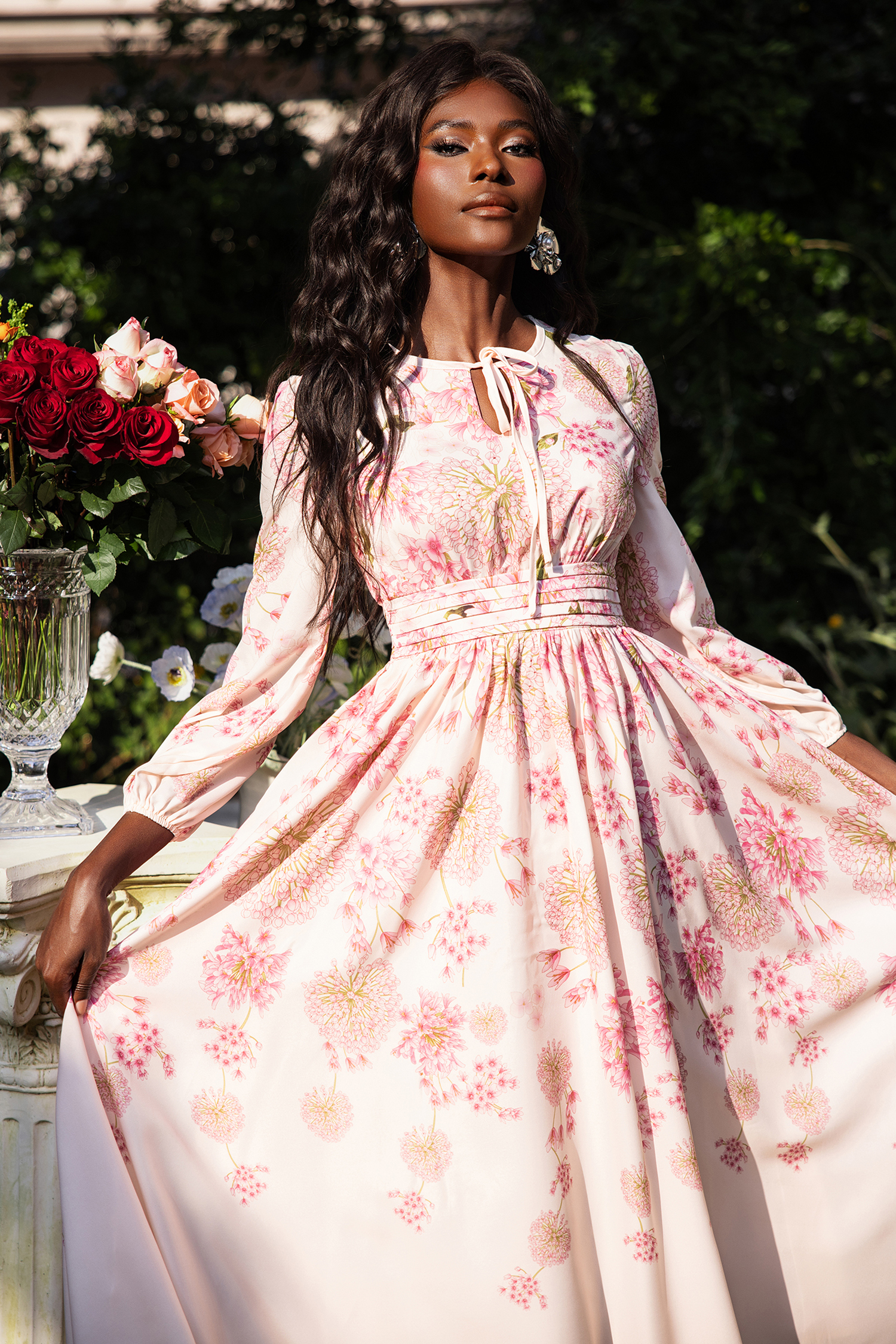 Floral Print Round Neck Puff Sleeve Maxi Dress